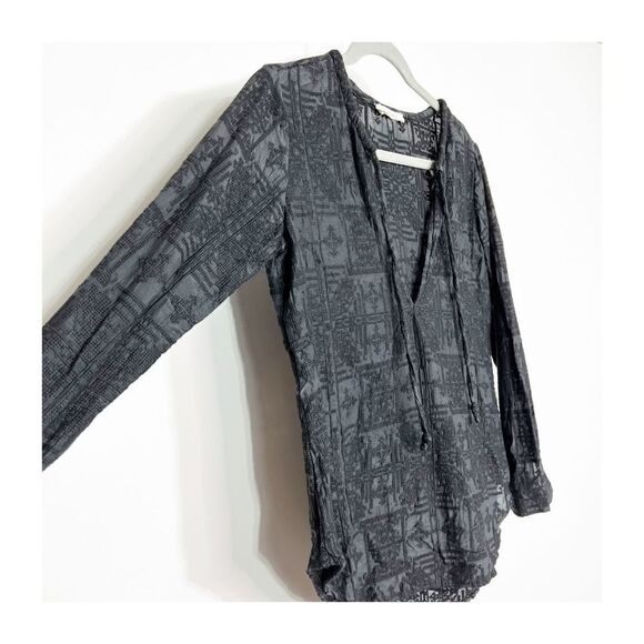 Capulet Blouse Top Textured Black 3/4 Sleeve Cotton V Neck Womens Medium - Picture 4 of 8